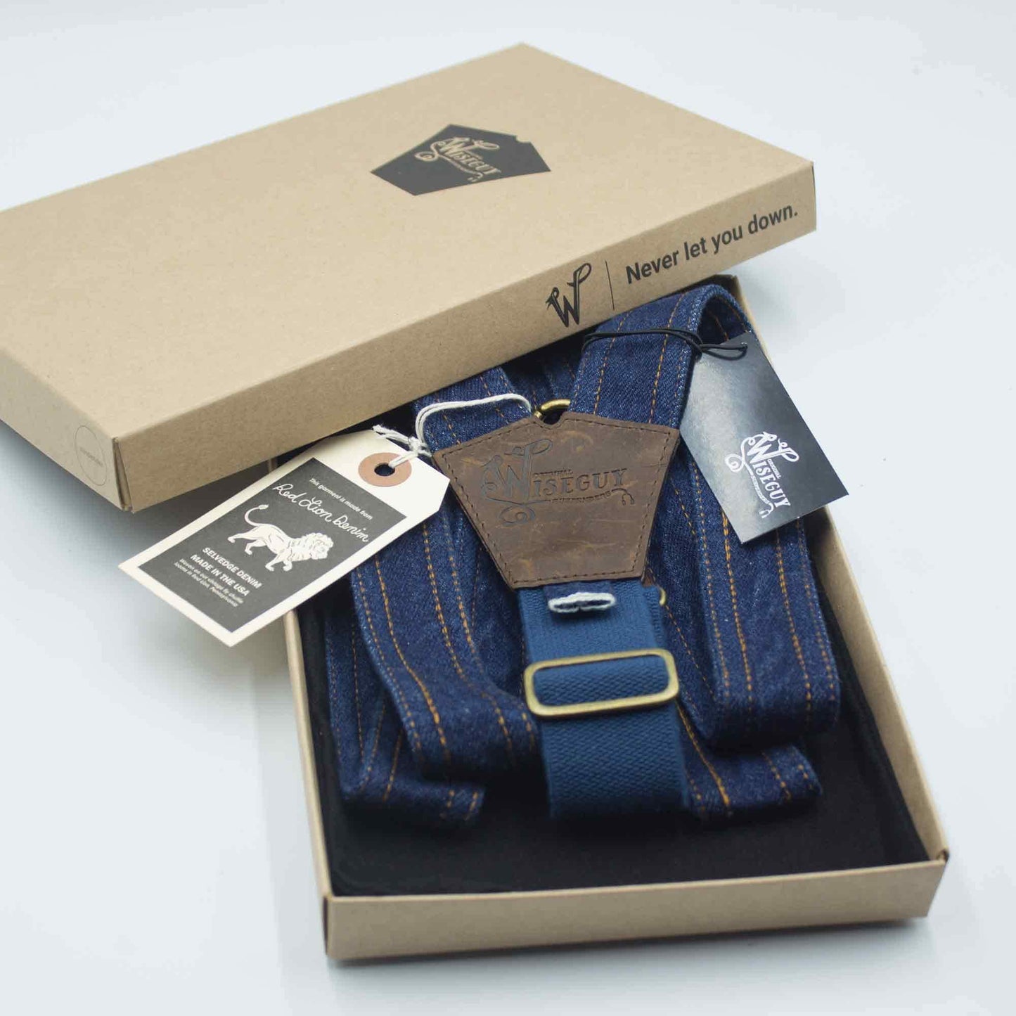 Red Lion Selvedge Denim Suspenders on Dark Brown Leather 1.3 inch wide - Wiseguy Suspenders