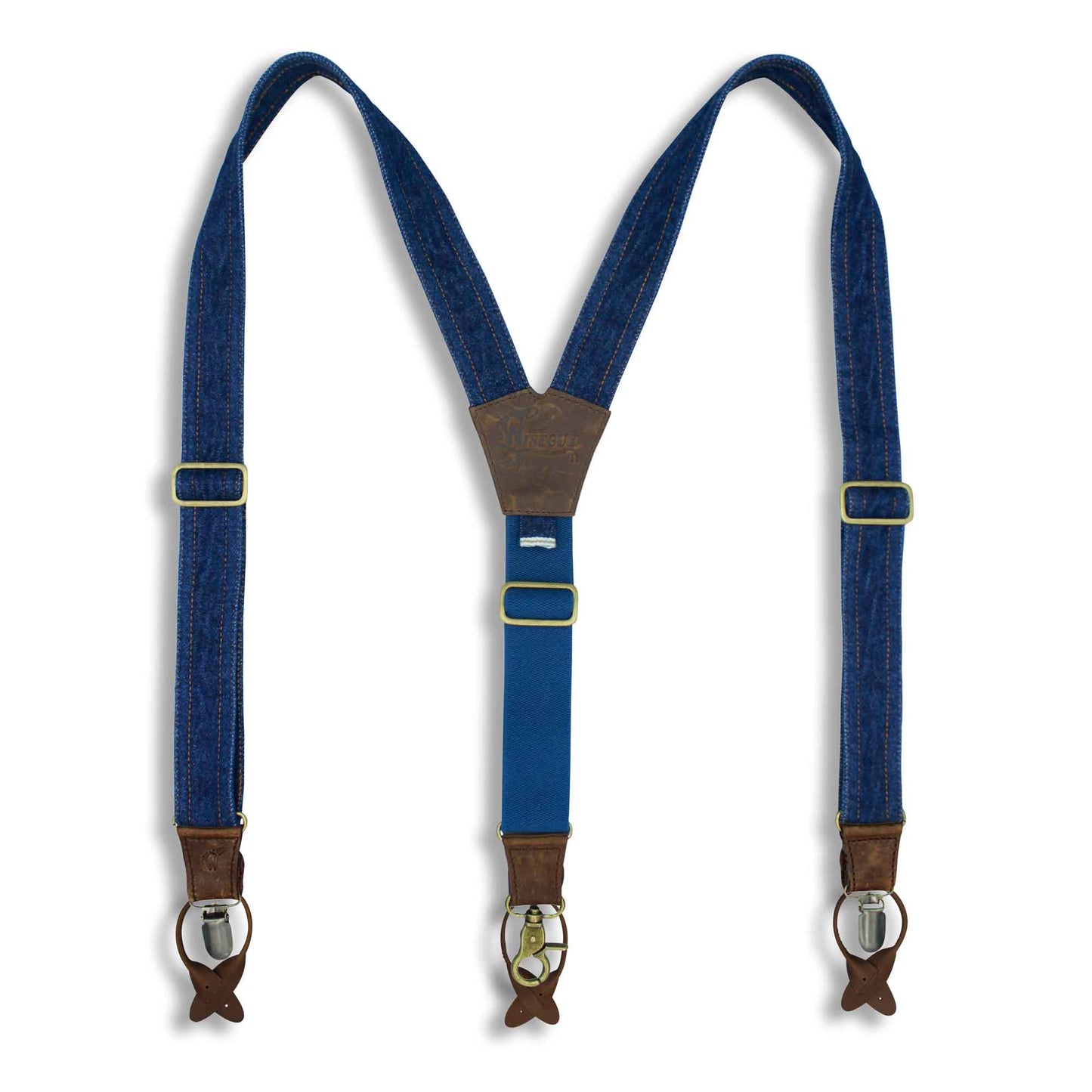 Red Lion Selvedge Denim Suspenders on Dark Brown Leather 1.3 inch wide - Wiseguy Suspenders