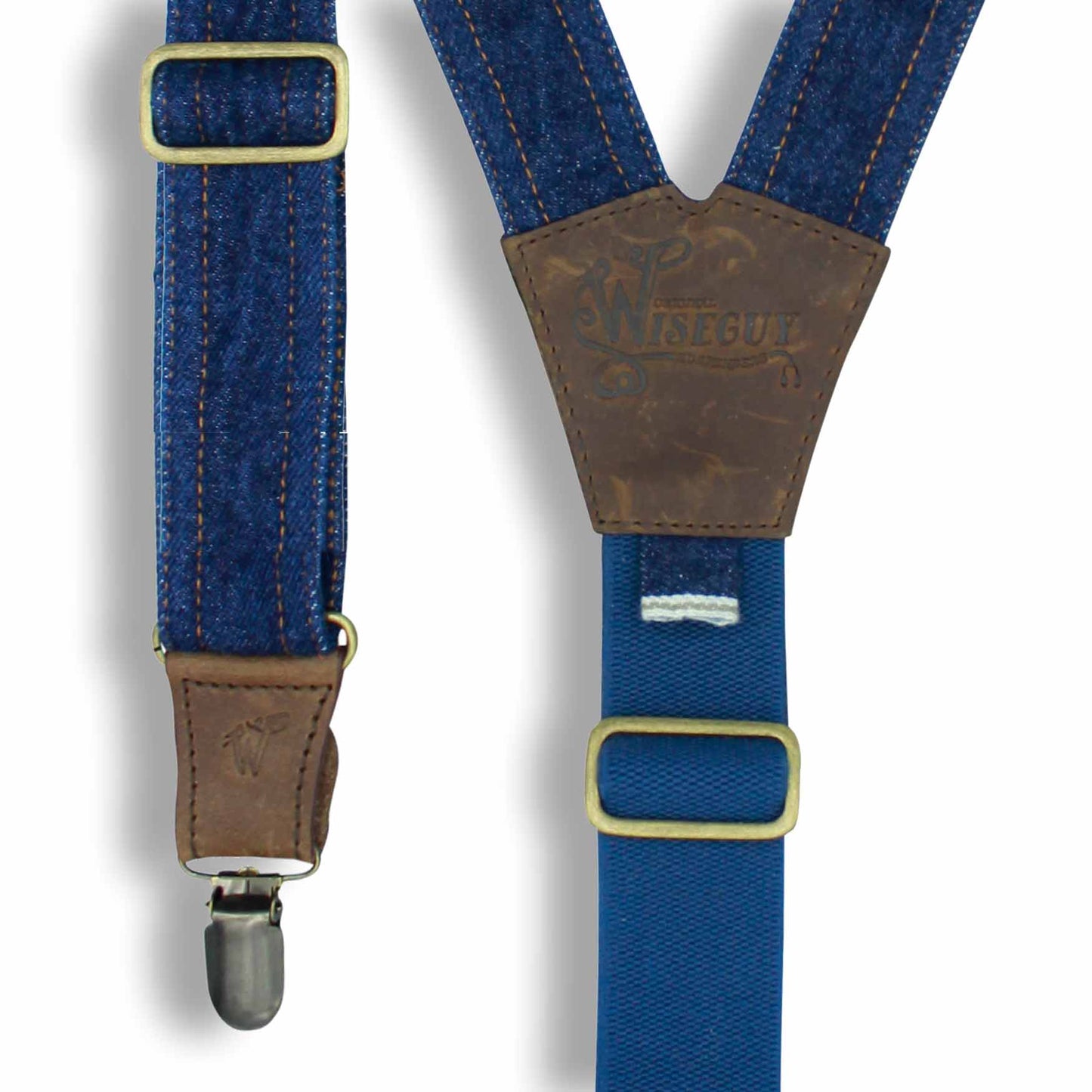 Red Lion Selvedge Denim Suspenders on Dark Brown Leather 1.3 inch wide - Wiseguy Suspenders