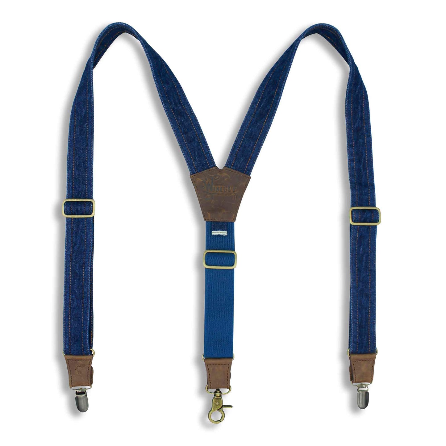 Red Lion Selvedge Denim Suspenders on Dark Brown Leather 1.3 inch wide - Wiseguy Suspenders