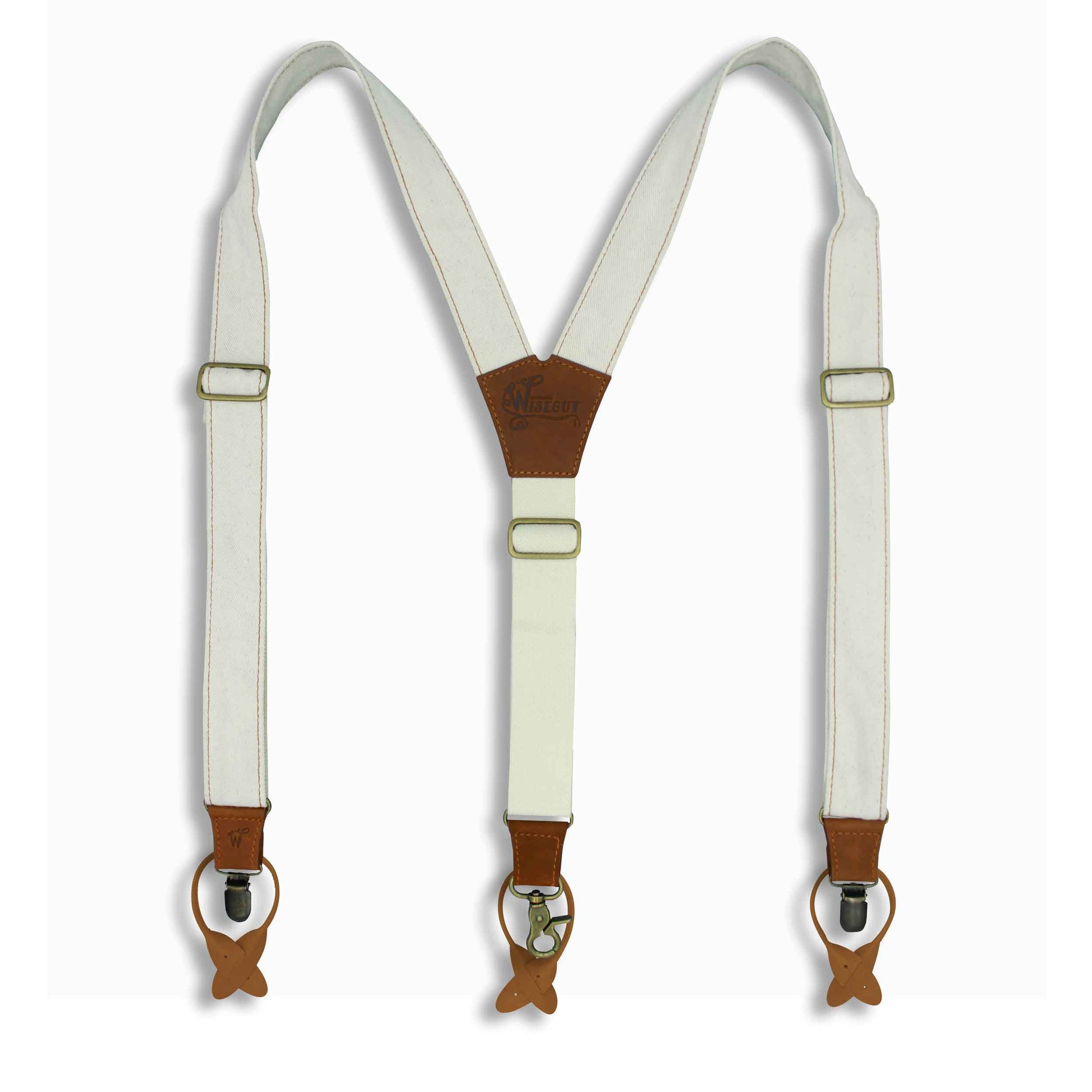 The Duck Ivory Denim Braces with Camel Brown Leather Parts 1.3 inch - Wiseguy Suspenders