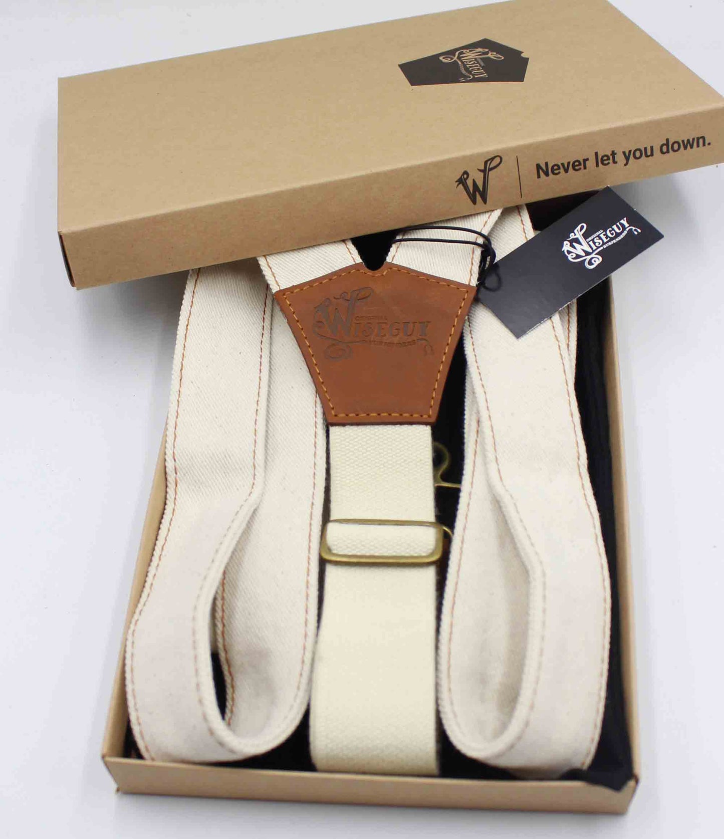 The Duck Ivory Denim Braces with Camel Brown Leather Parts 1.3 inch - Wiseguy Suspenders