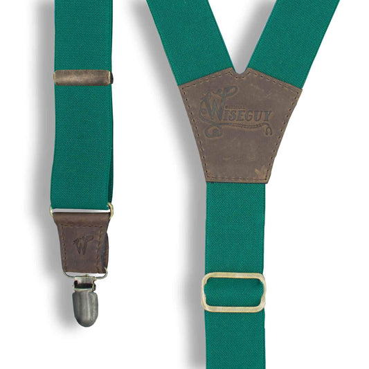 Emerald Green Best Suspenders Braces with Dark Brown Leather parts - Wiseguy Suspenders