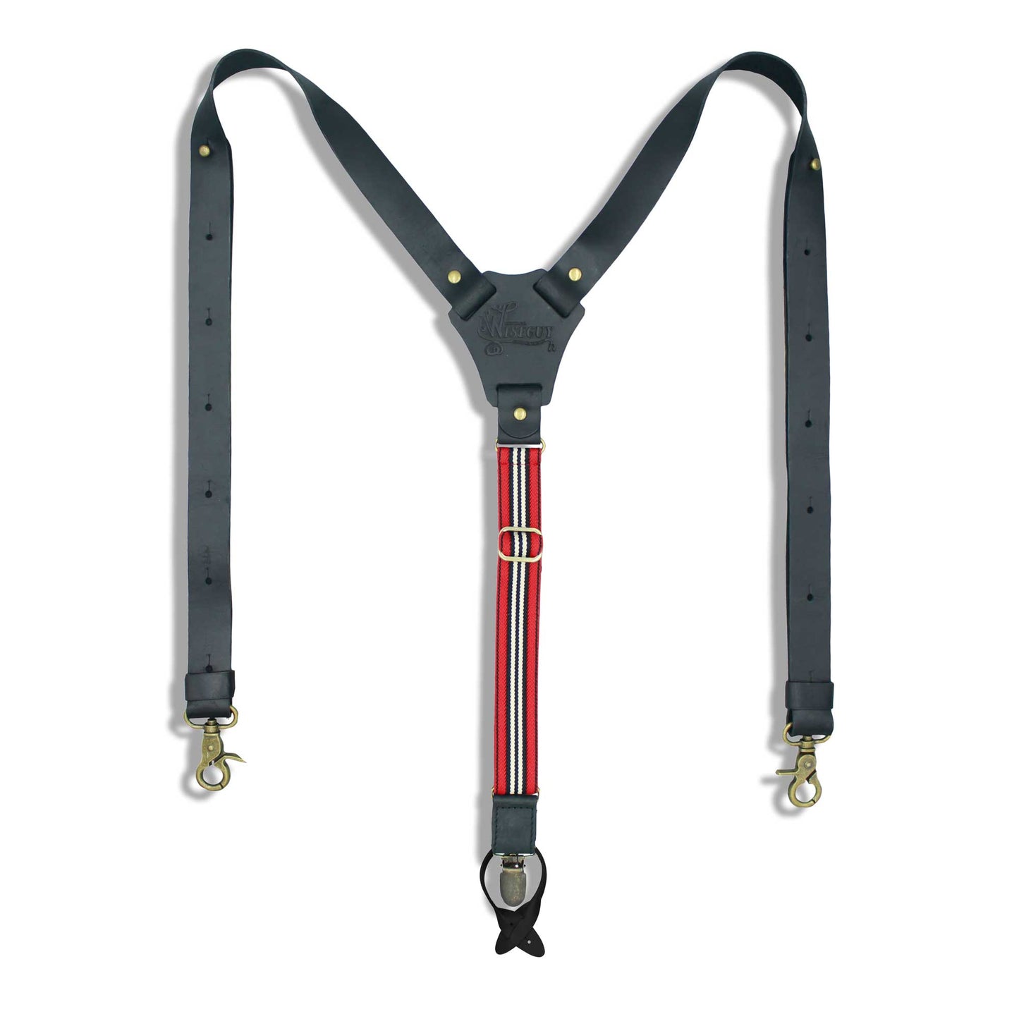 Monza Flex Black Leather vintage men's suspenders with striped elastic - Wiseguy Suspenders