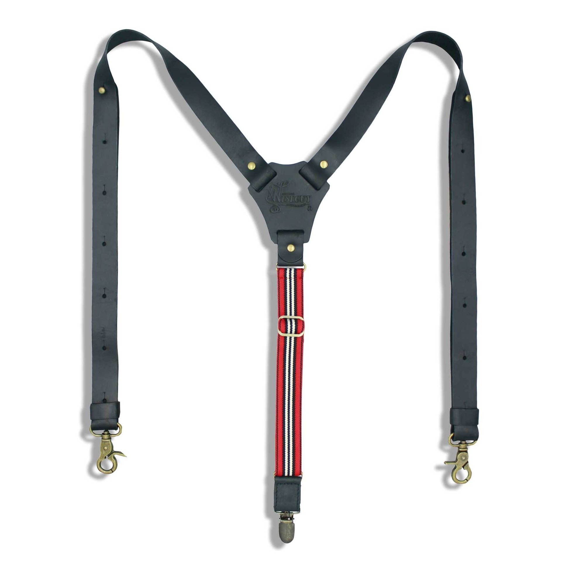 Monza Flex Black Leather vintage men's suspenders with striped elastic - Wiseguy Suspenders