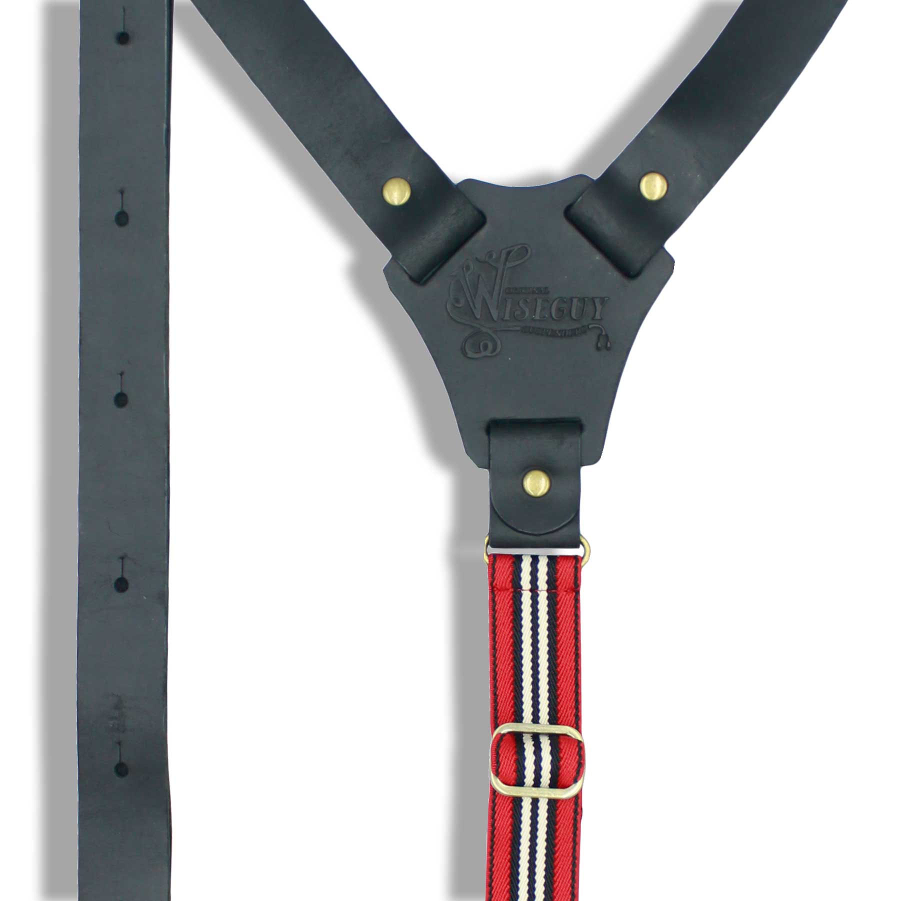 Monza Flex Black Leather vintage men's suspenders with striped elastic - Wiseguy Suspenders