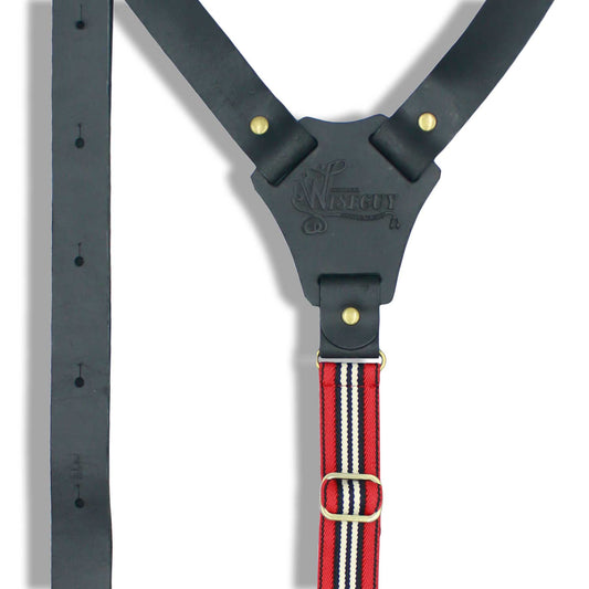 Monza Flex Black Leather vintage men's suspenders with striped elastic - Wiseguy Suspenders