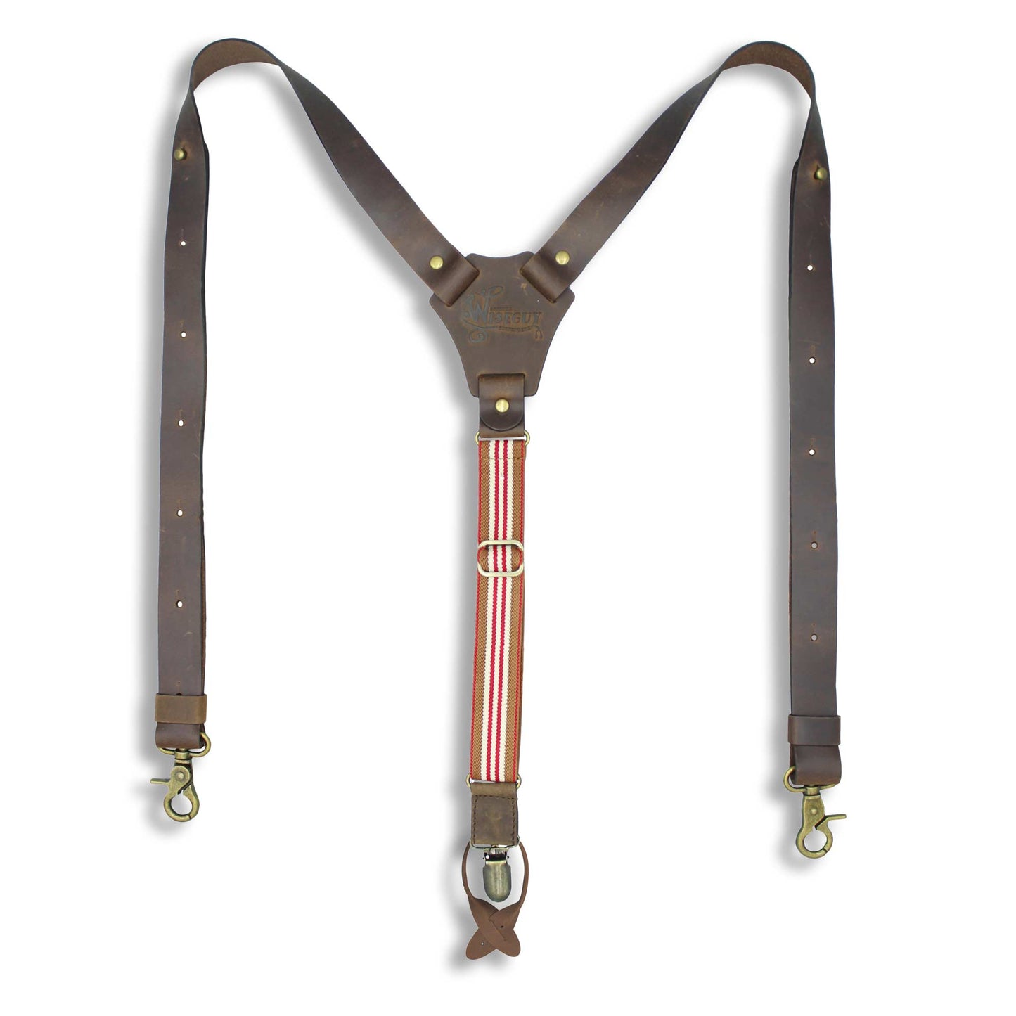 Flex Dark Brown Leather Braces with Monaco striped Elastic Back Strap - Wiseguy Suspenders