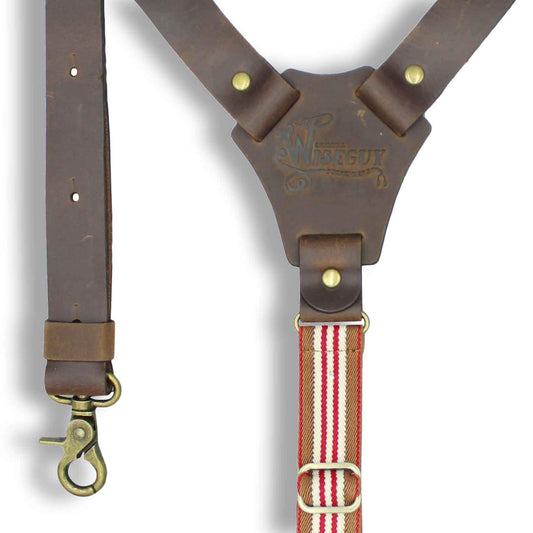 Flex Dark Brown Leather Braces with Monaco striped Elastic Back Strap - Wiseguy Suspenders