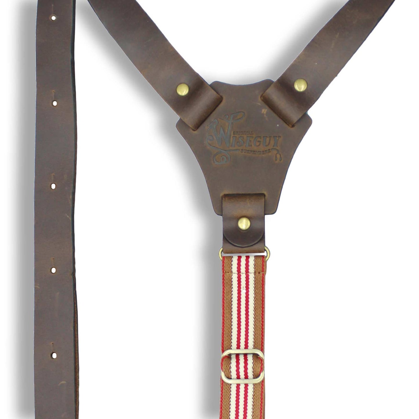 Flex Dark Brown Leather Braces with Monaco striped Elastic Back Strap - Wiseguy Suspenders