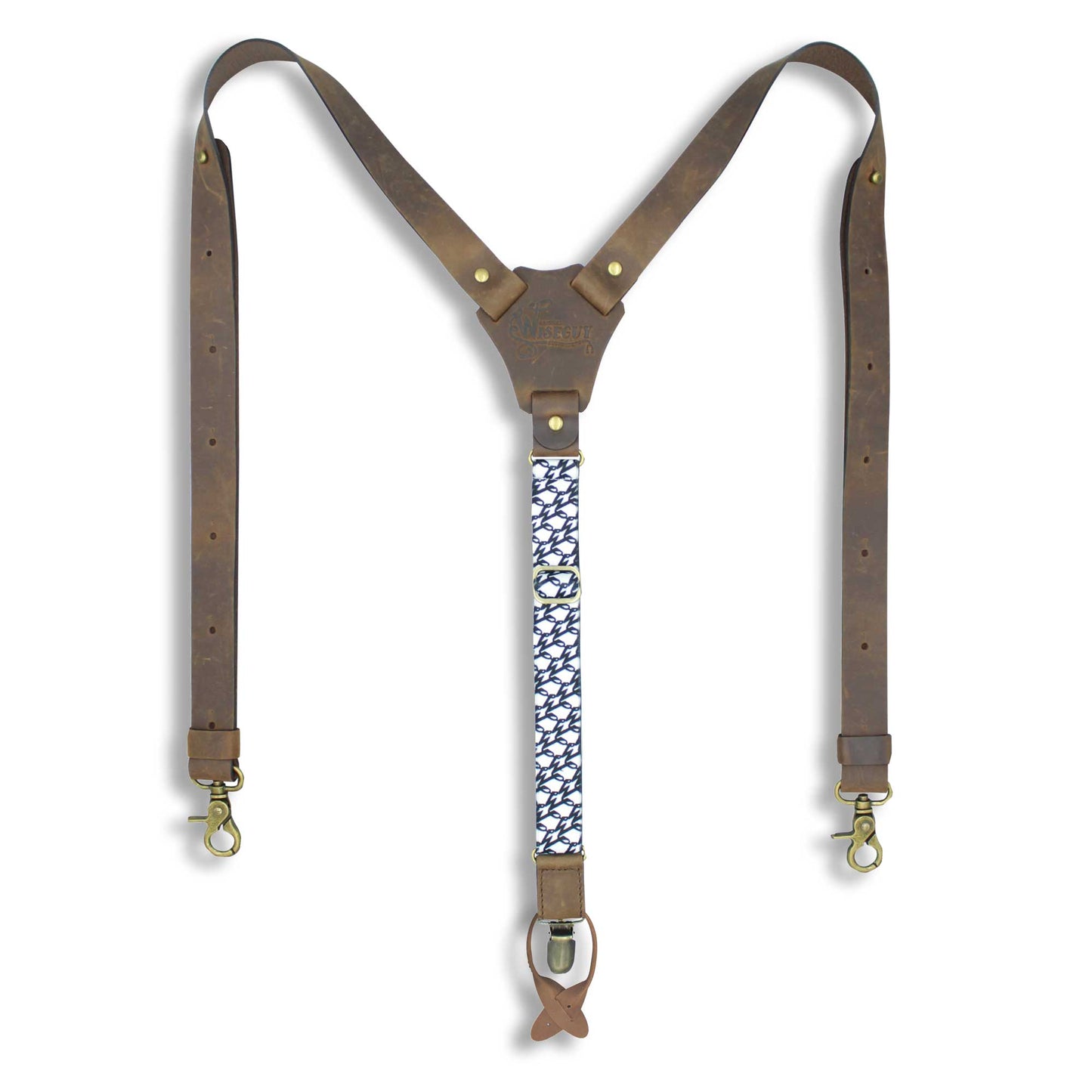 Flex Dark Brown Leather Suspenders with W Monogram Elastic Back Strap - Wiseguy Suspenders