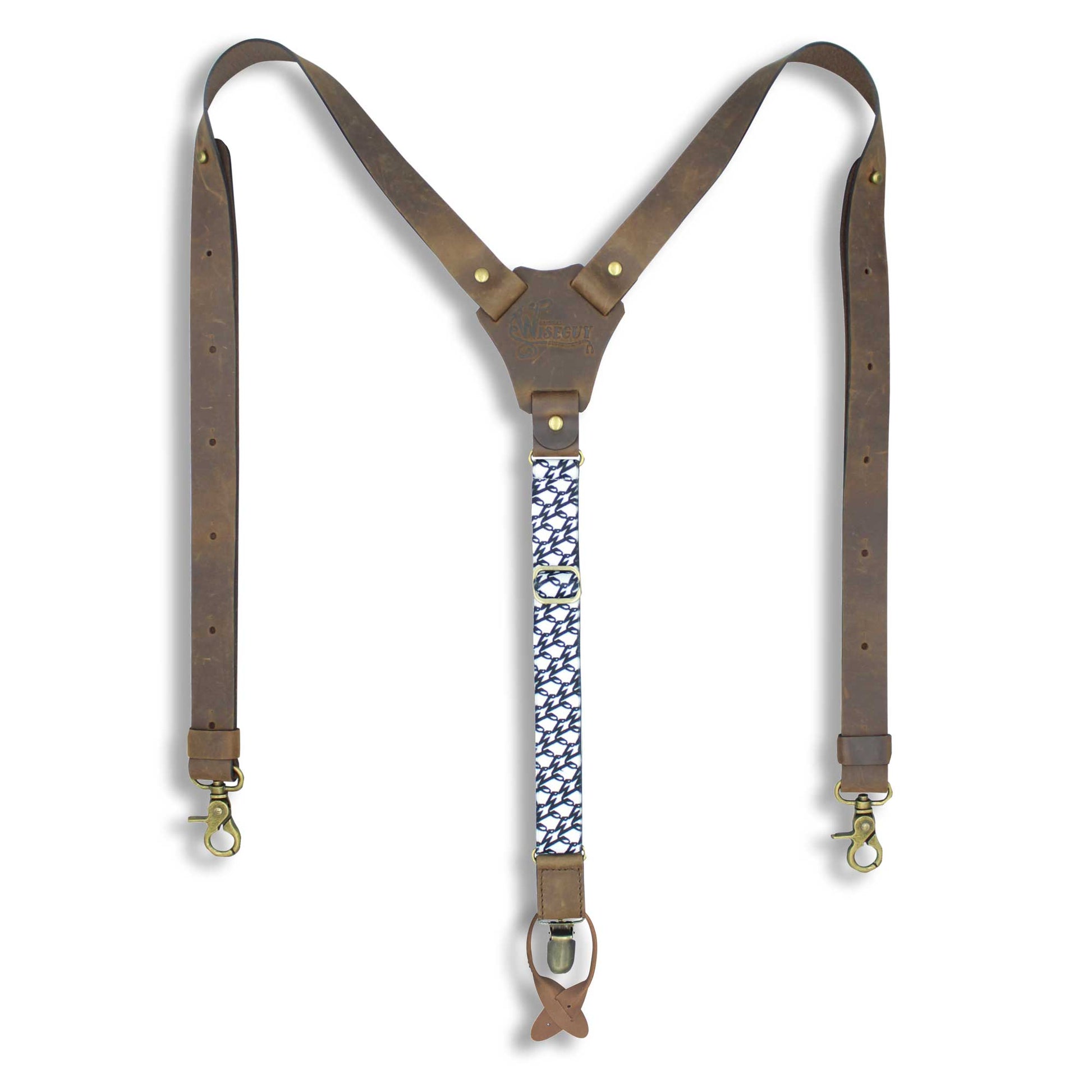 Flex Dark Brown Leather Suspenders with W Monogram Elastic Back Strap - Wiseguy Suspenders