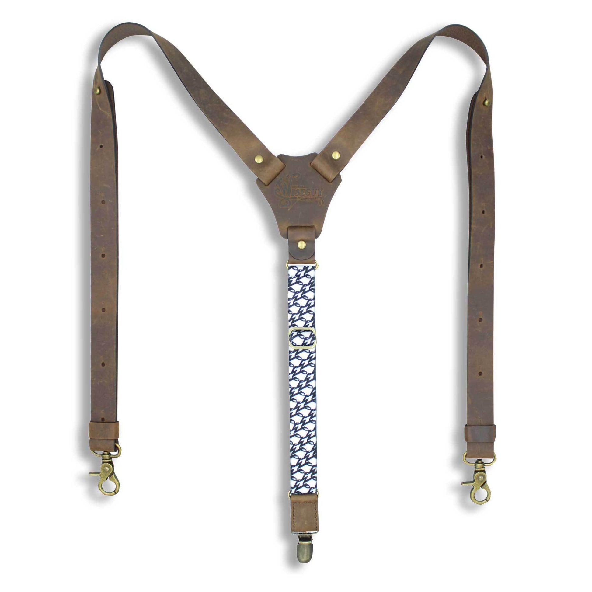 Flex Dark Brown Leather Suspenders with W Monogram Elastic Back Strap - Wiseguy Suspenders