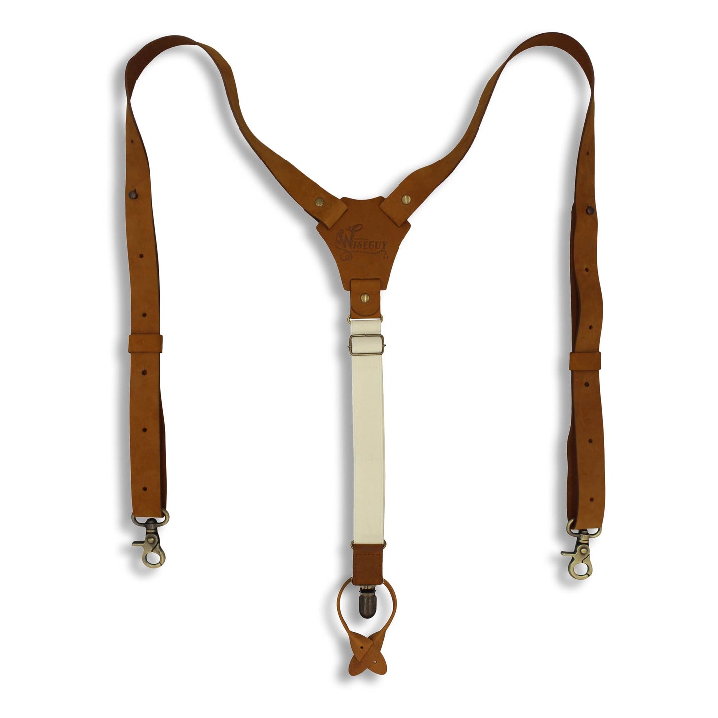 Flex Camel Brown Leather Braces with Elastic off-white Back Straps 1" - Wiseguy Suspenders