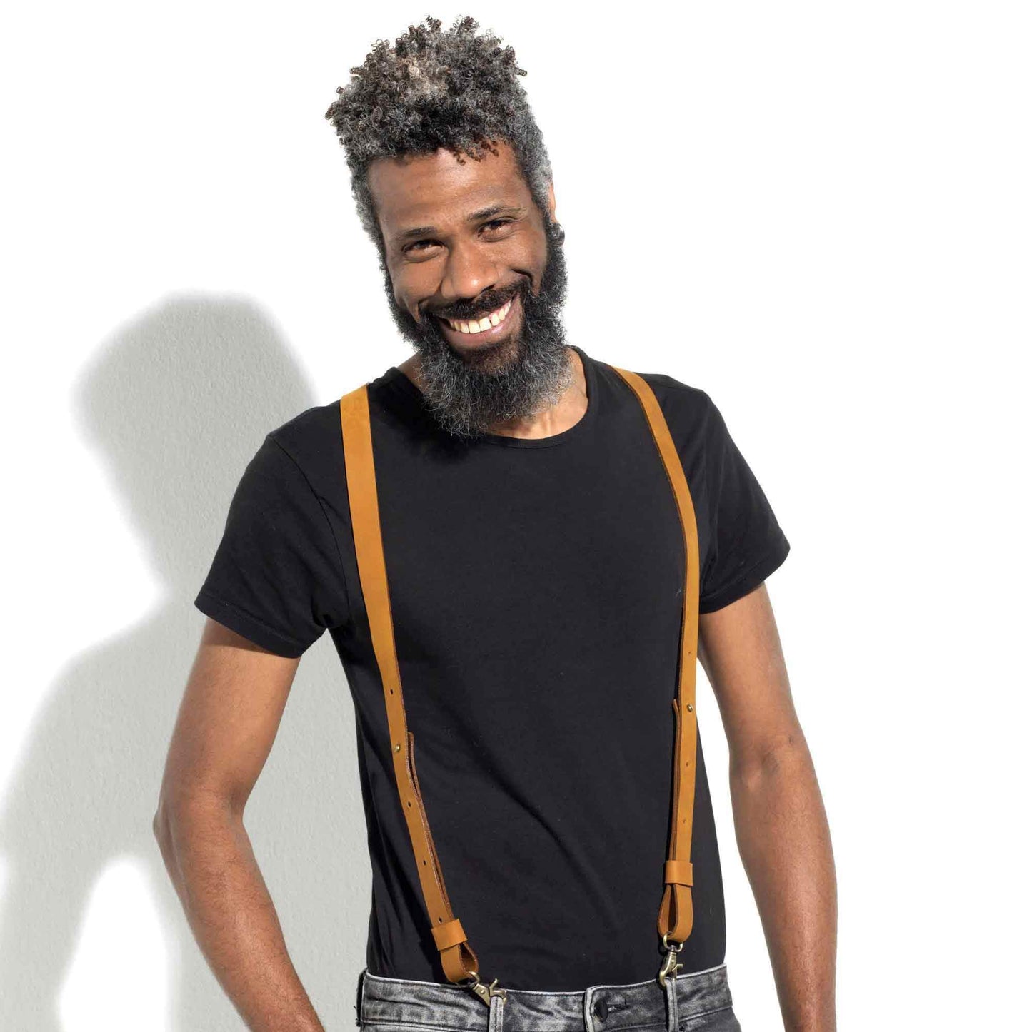 Flex Camel Brown Leather Braces with Elastic off-white Back Straps 1" - Wiseguy Suspenders