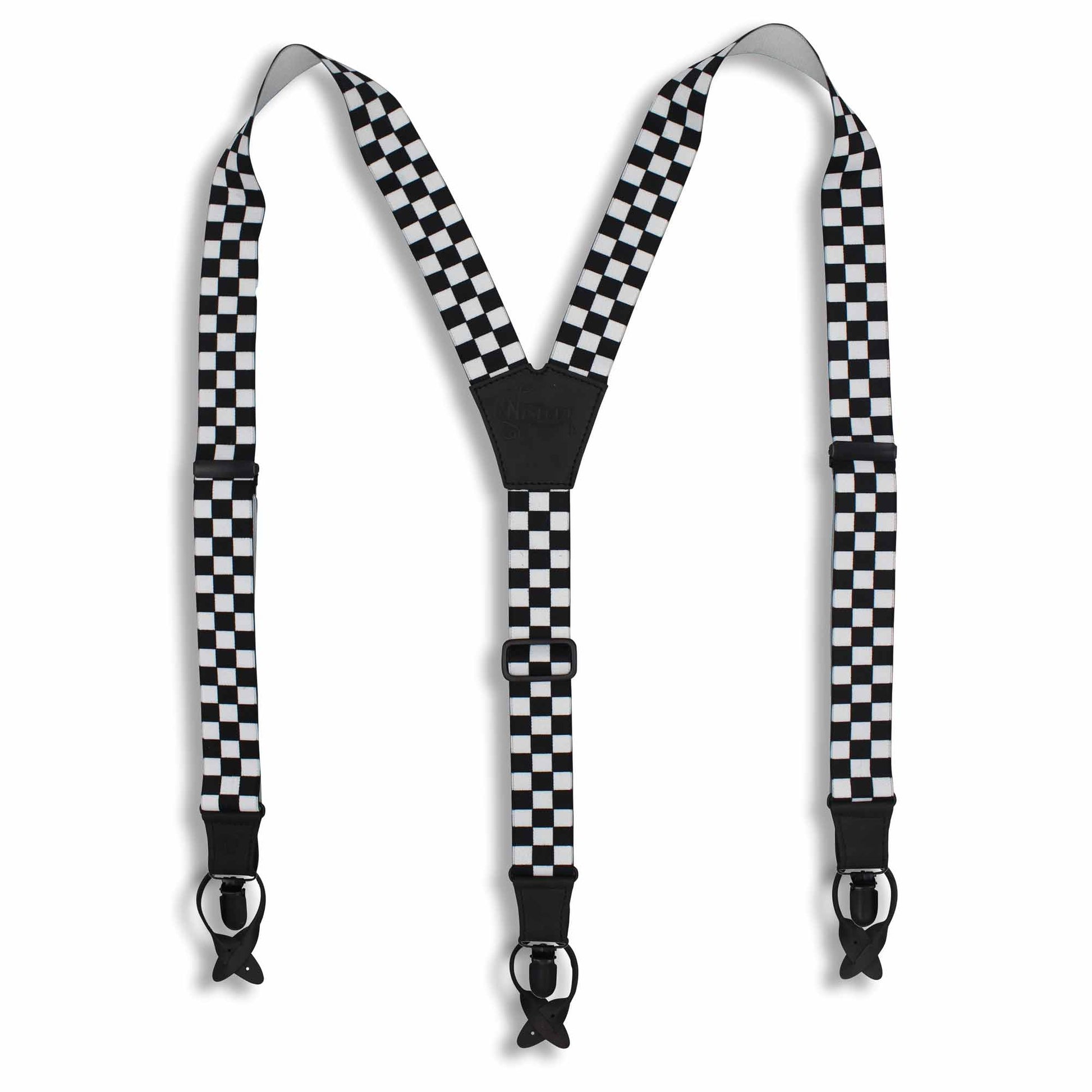 The Formula Black/White 1.3 inch men's Suspenders with black parts - Wiseguy Suspenders