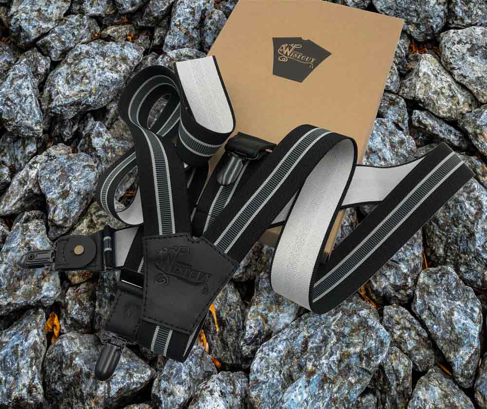 The Hitman Black & Grey stripe on Black & Black Suspenders wide straps (1.36 inch/3.5 cm) - Wiseguy Suspenders