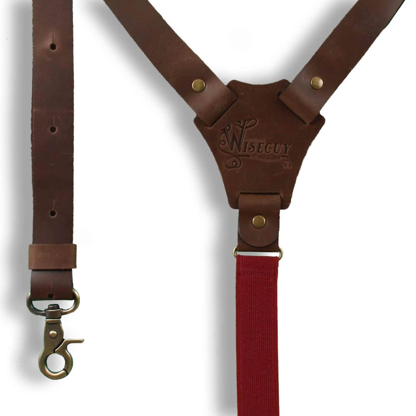 Flex Dark Brown leather Suspenders with Burgundy Elastic Back Strap - Wiseguy Suspenders