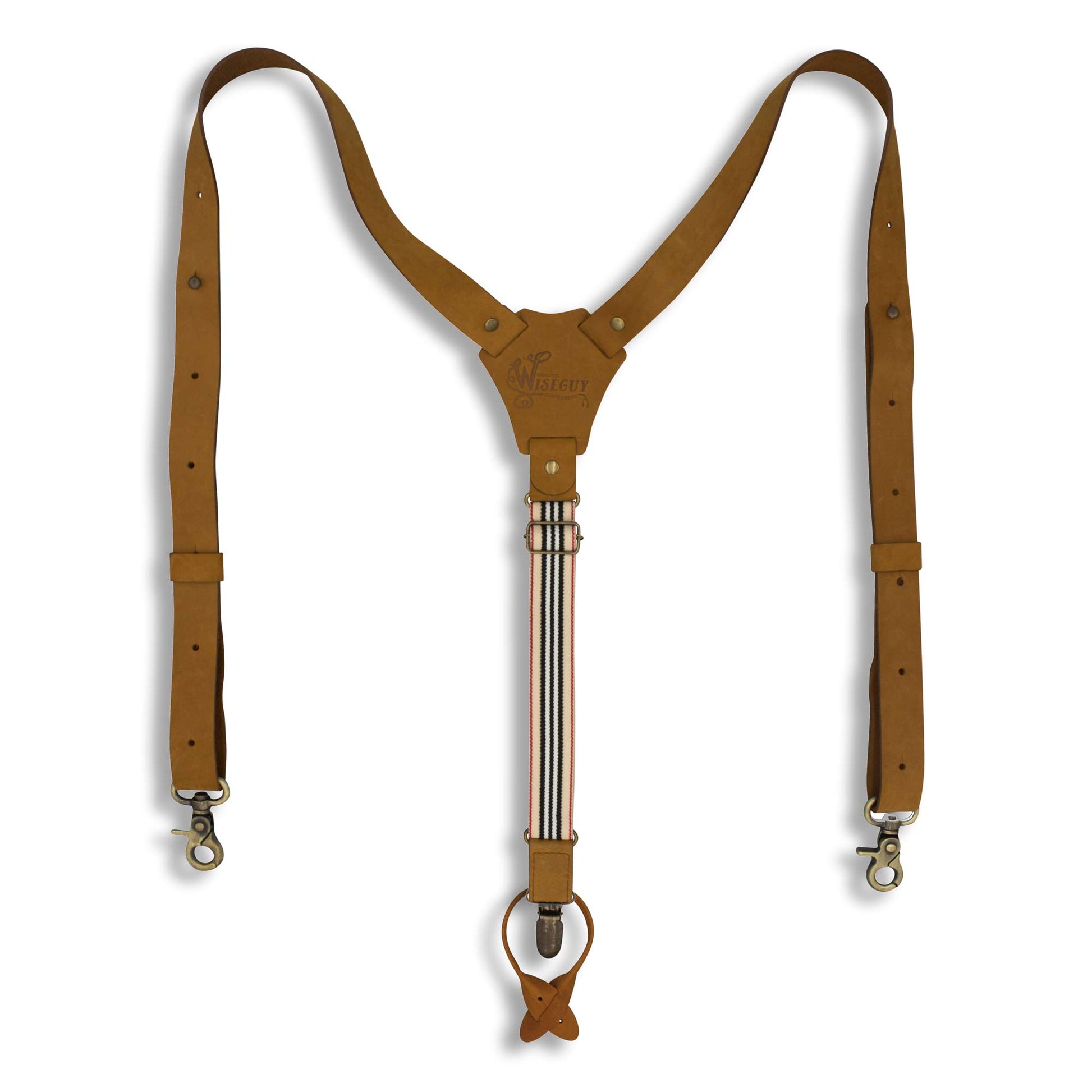 Flex Camel Brown Leather Suspenders with Road Rage Striped Elastic 1" - Wiseguy Suspenders