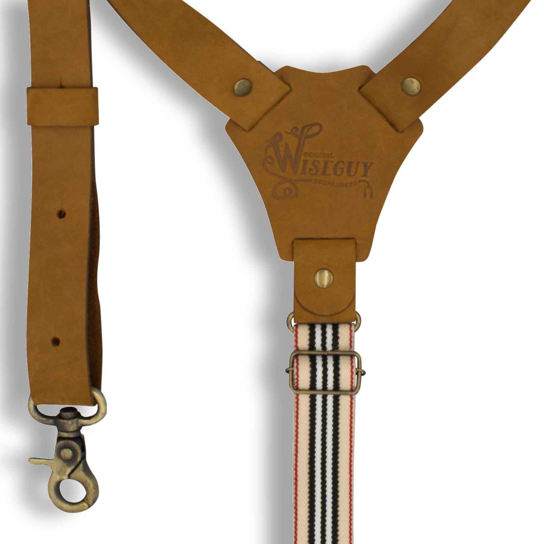 Flex Camel Brown Leather Suspenders with Road Rage Striped Elastic 1" - Wiseguy Suspenders