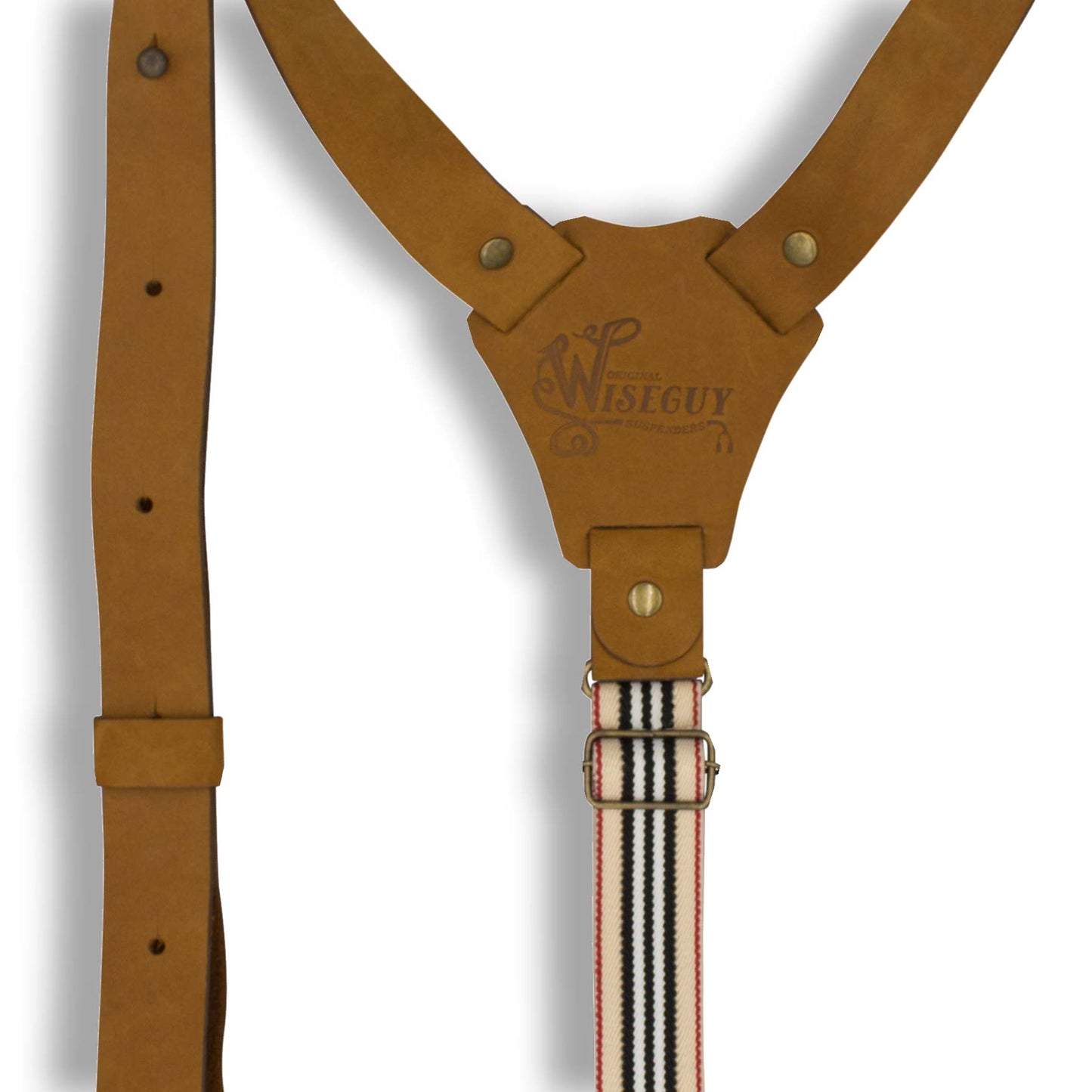 Flex Camel Brown Leather Suspenders with Road Rage Striped Elastic 1" - Wiseguy Suspenders