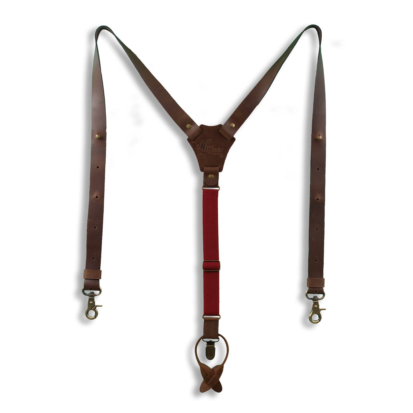 Flex Dark Brown leather Suspenders with Burgundy Elastic Back Strap - Wiseguy Suspenders