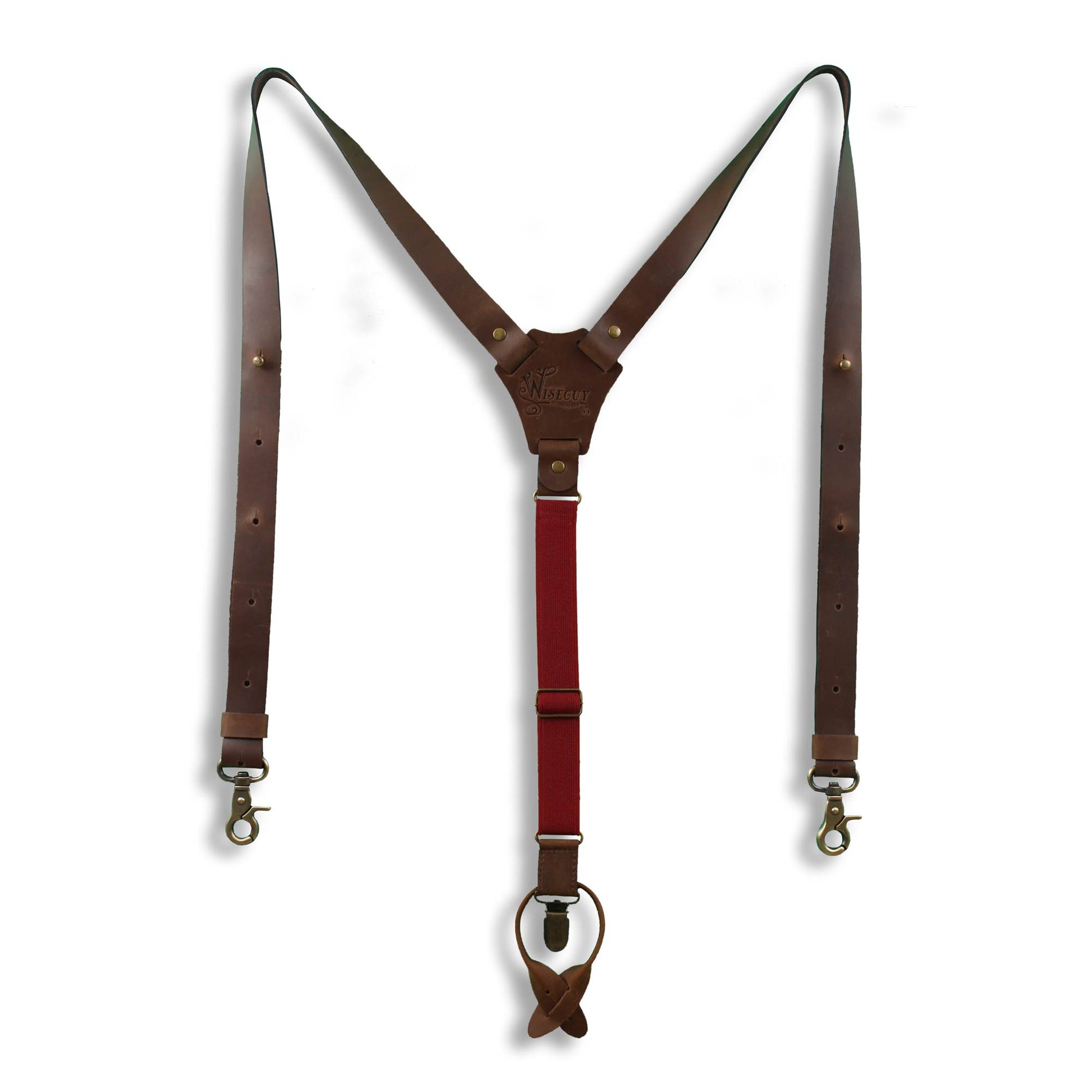 Flex Dark Brown leather Suspenders with Burgundy Elastic Back Strap - Wiseguy Suspenders