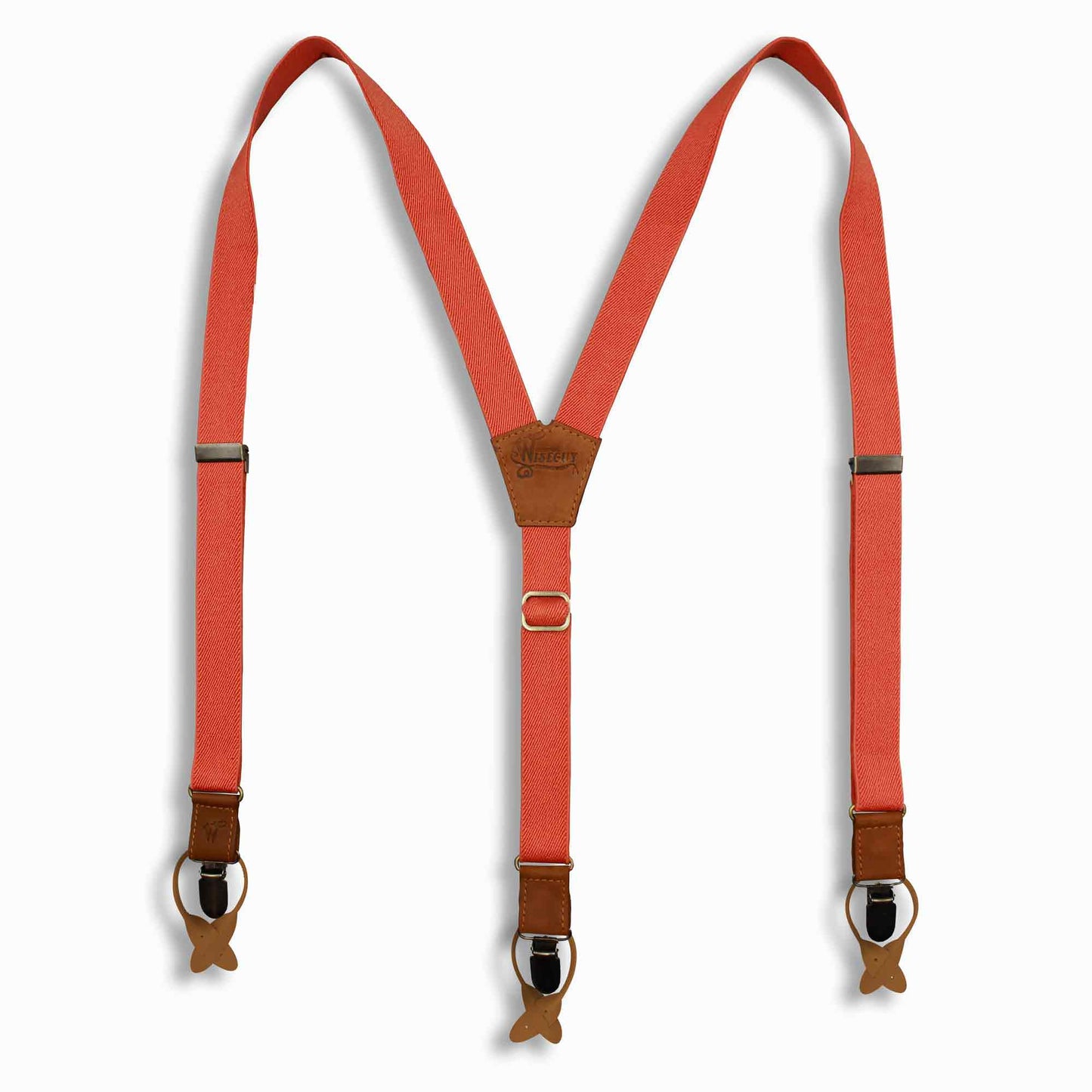 Orange 1 inch Elastic suspenders with Camel Brown Leather parts - Wiseguy Suspenders