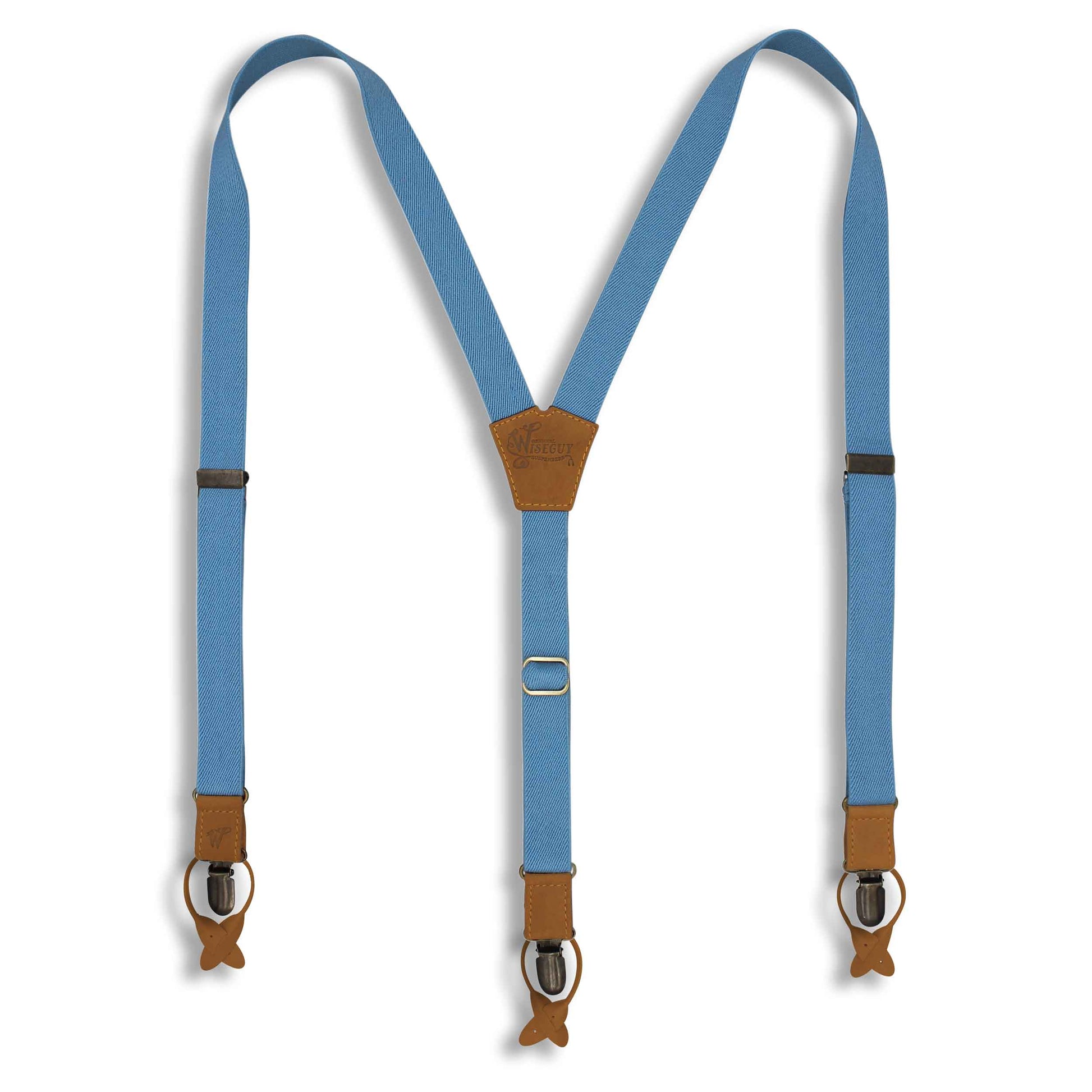 The Sky Blue Suspenders on Camel Brown & Brass slim straps (1 inch/ 2.5 cm) - Wiseguy Suspenders
