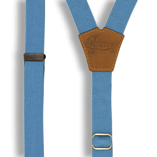 The Sky Blue Suspenders on Camel Brown & Brass slim straps (1 inch/ 2.5 cm) - Wiseguy Suspenders