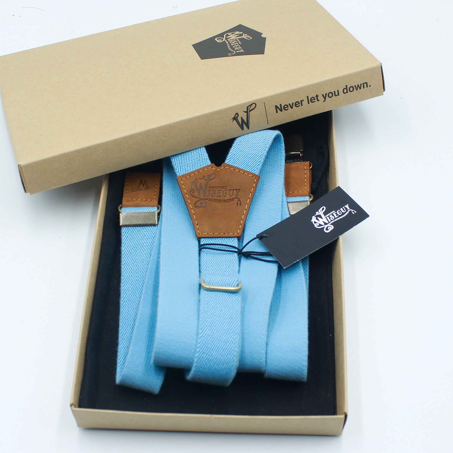 The Sky Blue Suspenders on Camel Brown & Brass slim straps (1 inch/ 2.5 cm) - Wiseguy Suspenders